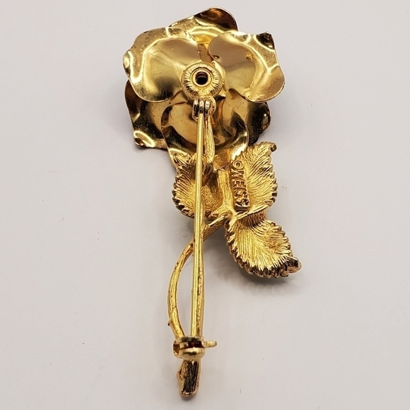 VINTAGE WEISS PURPLE BLOOMING ROSE BROOCH PIN STEM LEAVES GOLD FLOWER JEWELRY - Picture 9 of 12